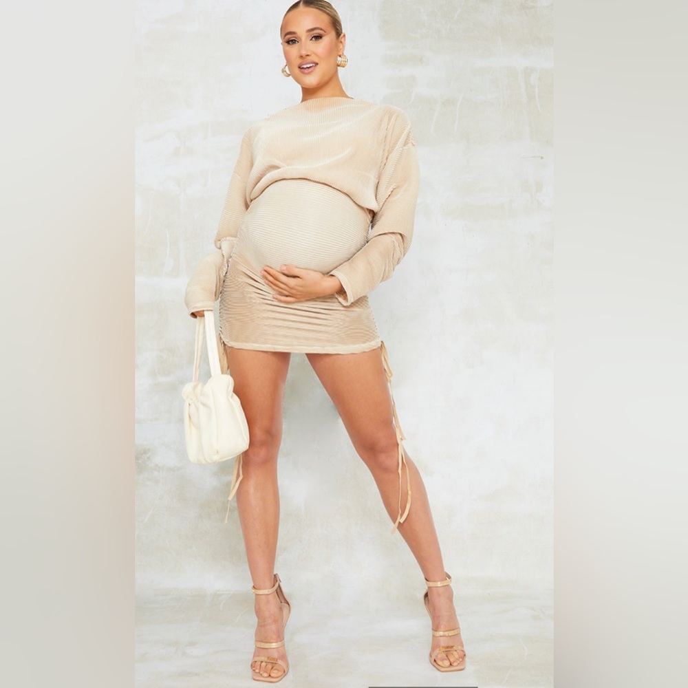 MATERNITY STONE PLISSE BODYCON MINI DRESS